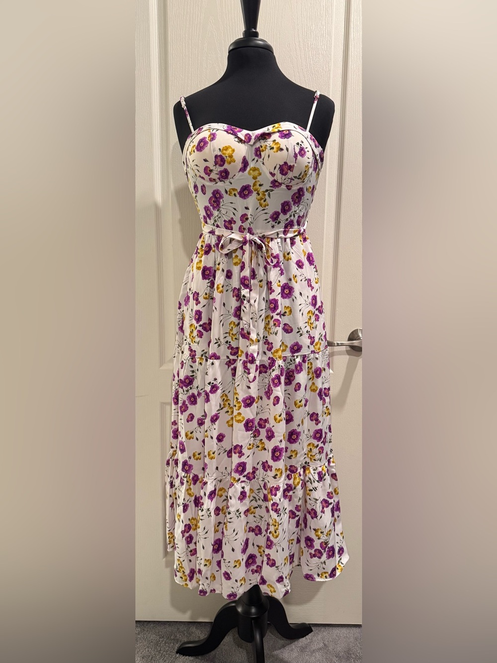 White Floral Midi Dress with Purple & Yellow Print
